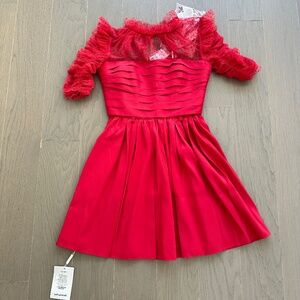 Self-Portrait Red Taffeta Mini Dress Puff Sleeve Rhinestone Belt US 0 with tags